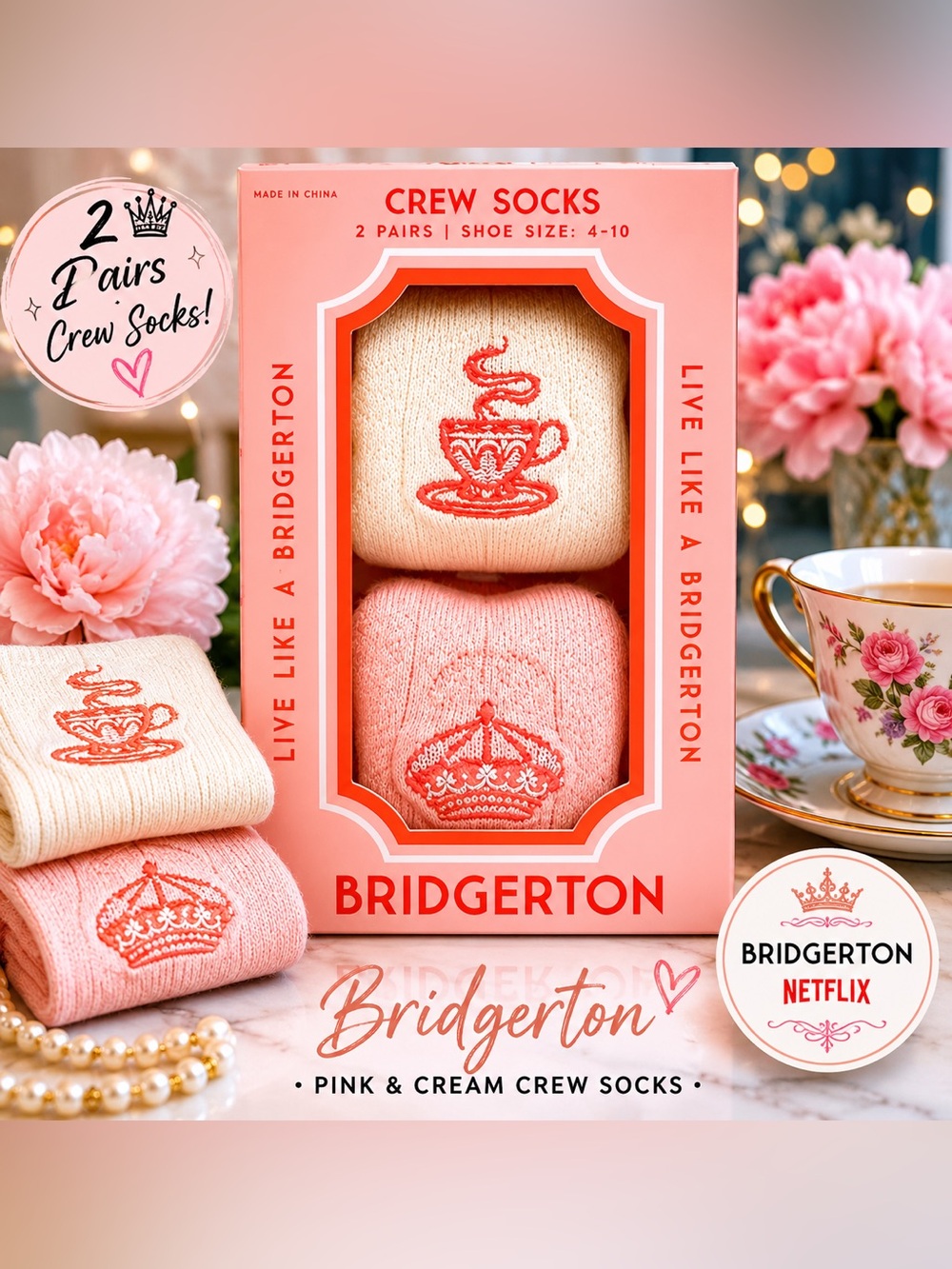 Bridgerton 2 Pair Crew Socks Gift Set Pink Cream Netflix NWT